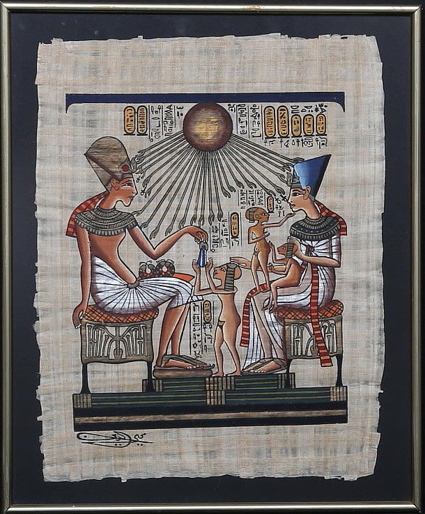 TABLET, papyrus, Akhenaton and Nefertiti, Egypt, signed.