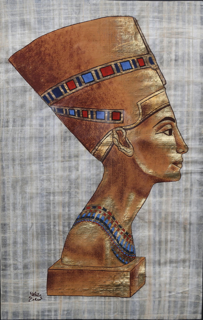 PLACA, papiro, Nefertiti, Egipto, firmada.