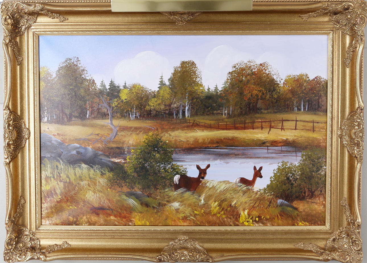 JOHAN ARVALL. Rådjur vid sjö, olja på duk, signerad, 1900-tal.