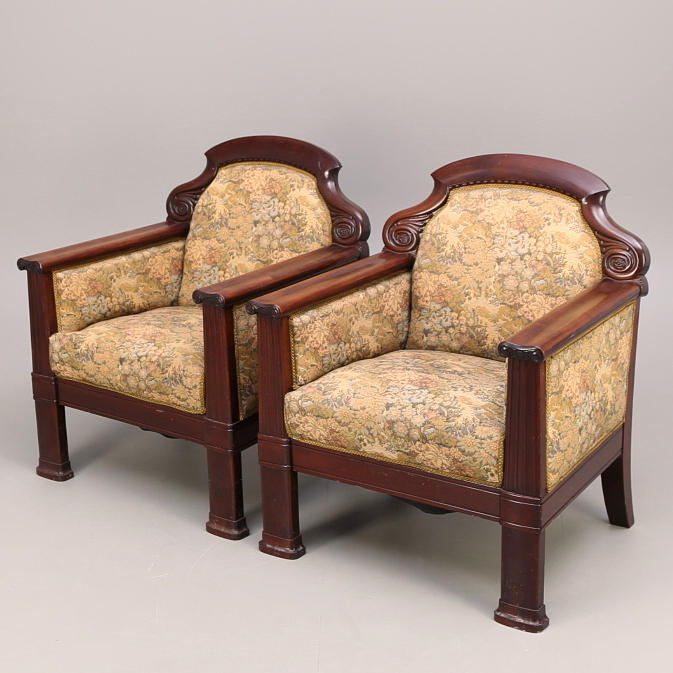 ARMCHAIRS, a pair, bergère, Biedermeier, mid-19th century.