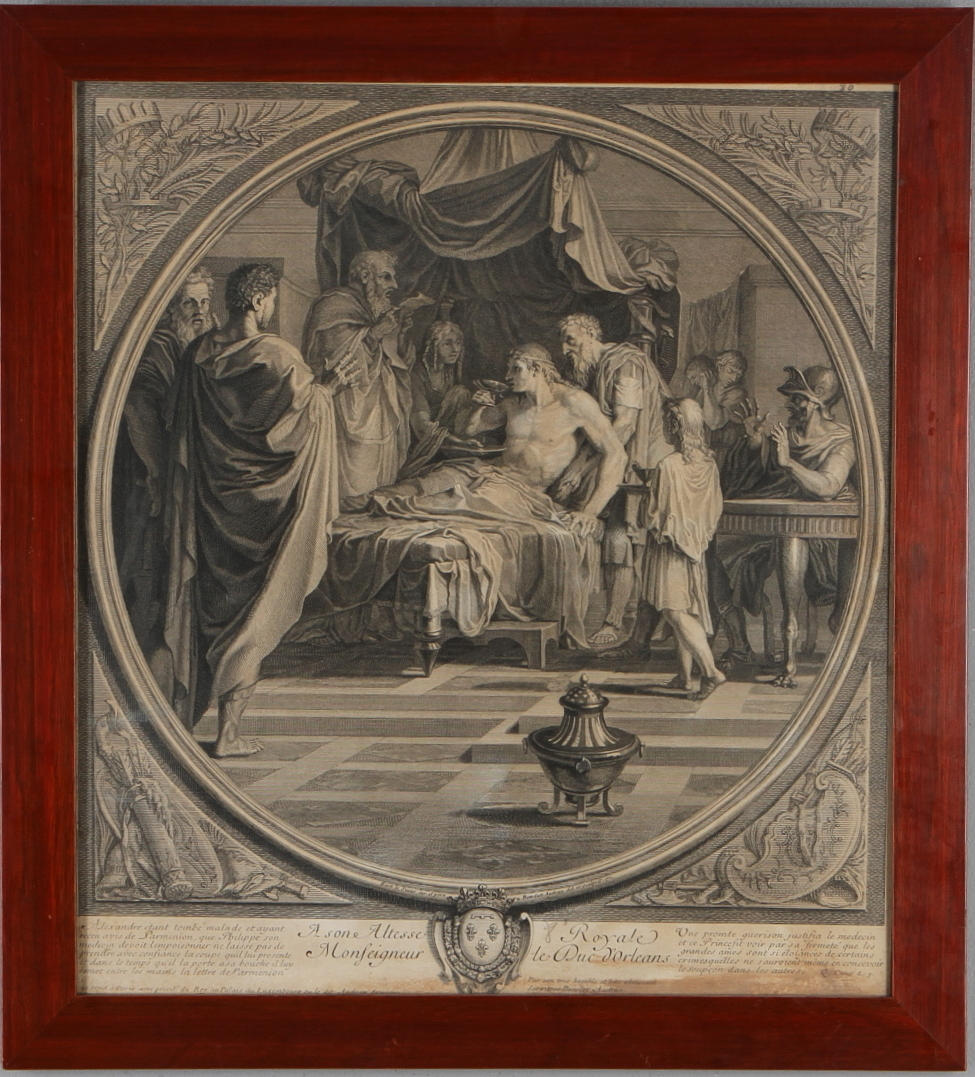 KOPPARSTICK, "Alexander och hans doktor", efter Eustache Le Sueur, graverad av Benedict Audran 1711.
