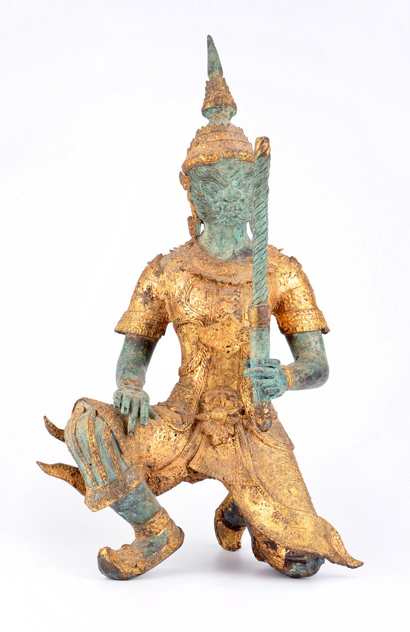 MASSIVA BRONS KNÄBÖJANDE KRIGARE ELLER TEMPELVAKTER. Asien, 1900-talets mitt.