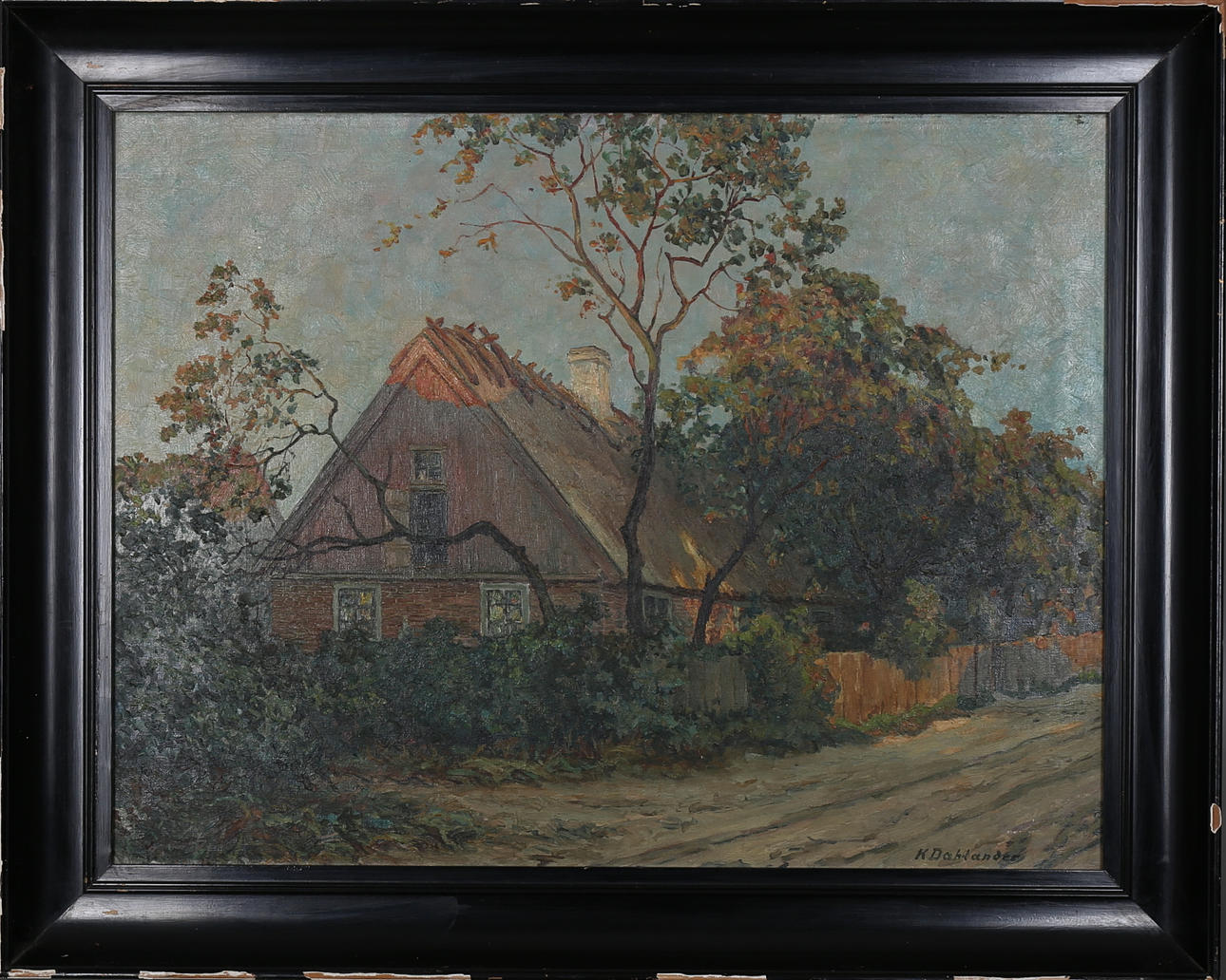 KNUT DAHLANDER. Korsvikreshus vid väg, olja på duk, signerad Dahlander.