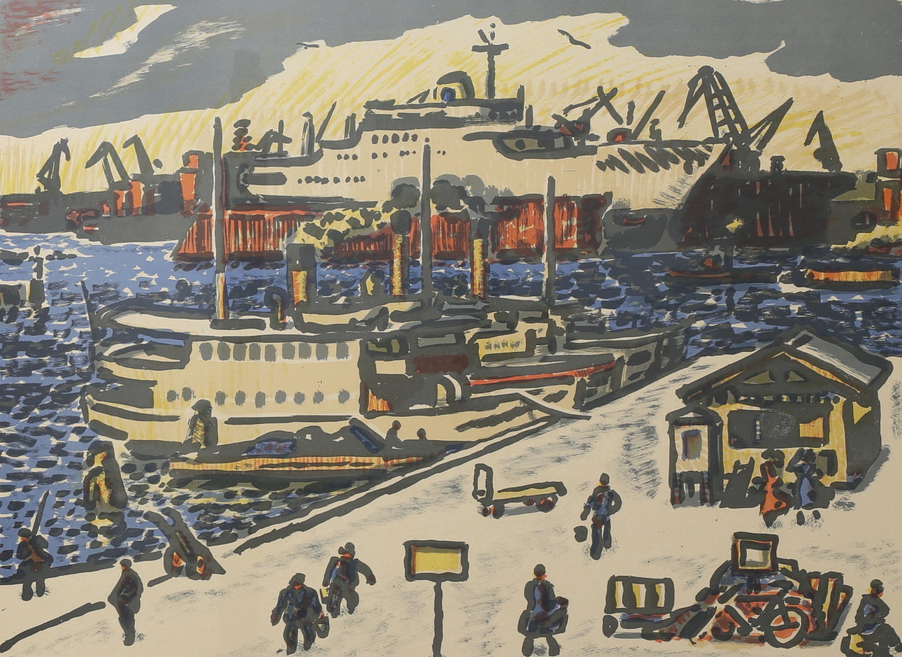 FOLKE PERSSON. Hamnmotiv. Färglitografi, signerad och numrerad 136/260.