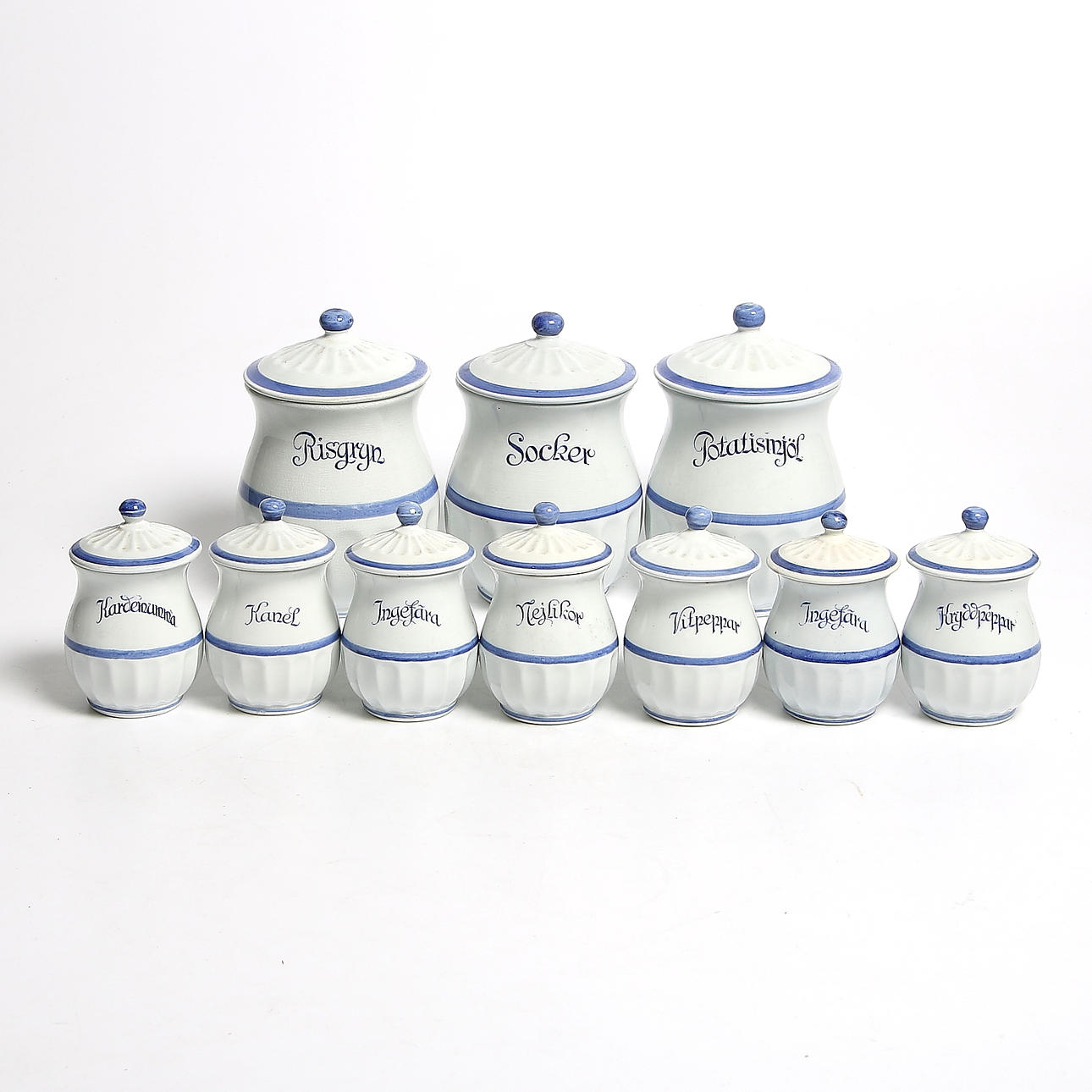 KRYDDBURKAR, 10 st, flintgods, "Blått Band", Arthur Percy, Gefle Porslinsfabrik. 1900-talets första hälft.