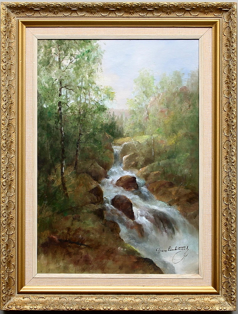 DAN LINDSTRAND. Skogsglänta med fors. Olja på duk. Signerad.