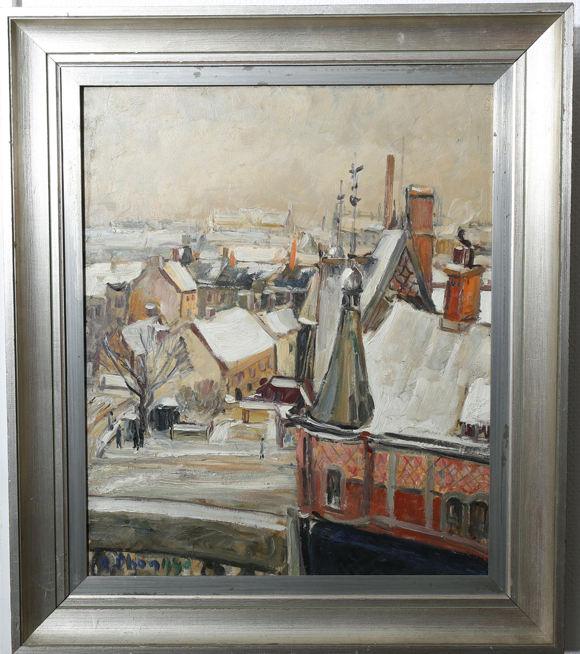 ANDERS OLSON. Olja på pannå, "Vinter vid Triangeln-Malmö", signerad A Olson 1940.