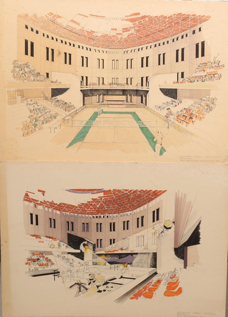 STEN SAMUELSON. Arkitektritningar, "Gasverket Värtan" Glasklocka perspektiv, 2 stycken.