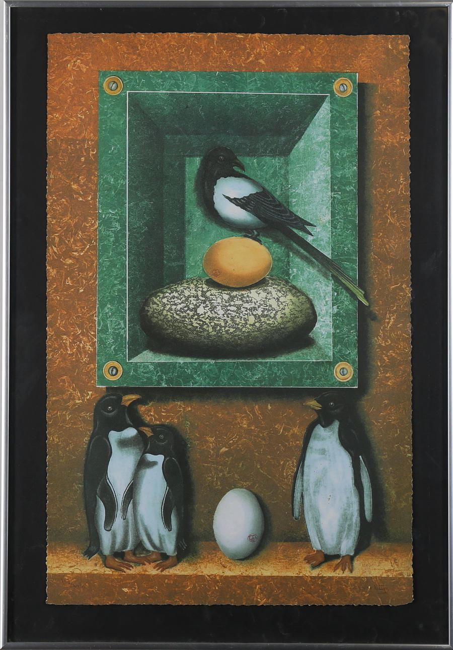 HANS VERDUYN. Pingviner och skata, färglitografi, numrerad 127/200, signerad H Verduyn.