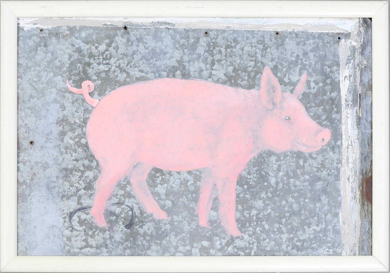 OIDENTIFIERAD KONSTNÄR. måleri på plåt , signerad , gris.