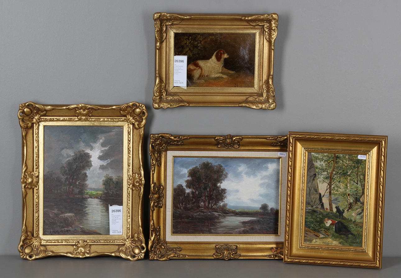 DIV KONSTNÄRER, 4 st, olja på duk/pannå, bl.a OKÄND KONSTNÄR, DYNET.