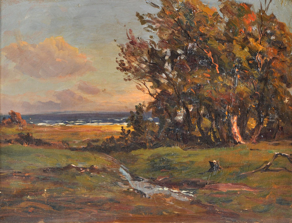 VIGGO C. PEDERSEN. TILLSKRIVEN. ”IMPRESSIONISM OLJEMÅLNING VY FRÅN GRÖNA KUSTEN TILL HAVET”. Danmark, originalram, ungefär. 1890.