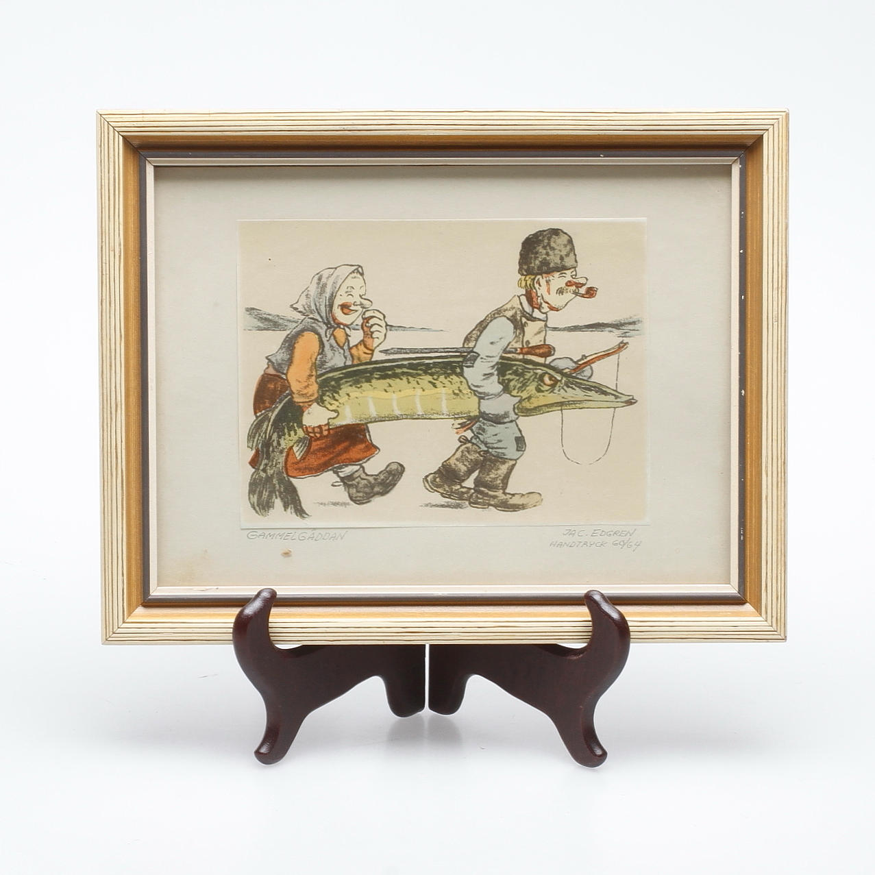 JACOB JAC EDGREN. Handtryck, "Gammelgäddan", signerad i blyerts och numrerad 60/64 på monteringspapper.