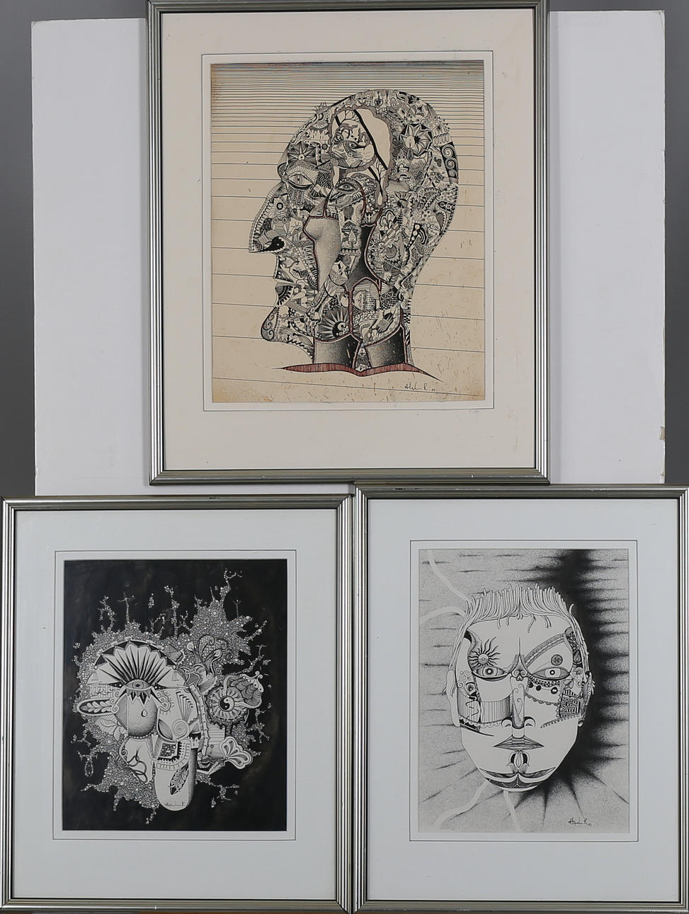 ALEXANDER RUDENSTAM. Parti tuschteckningar, 3 st, signerade Alexander R -87.