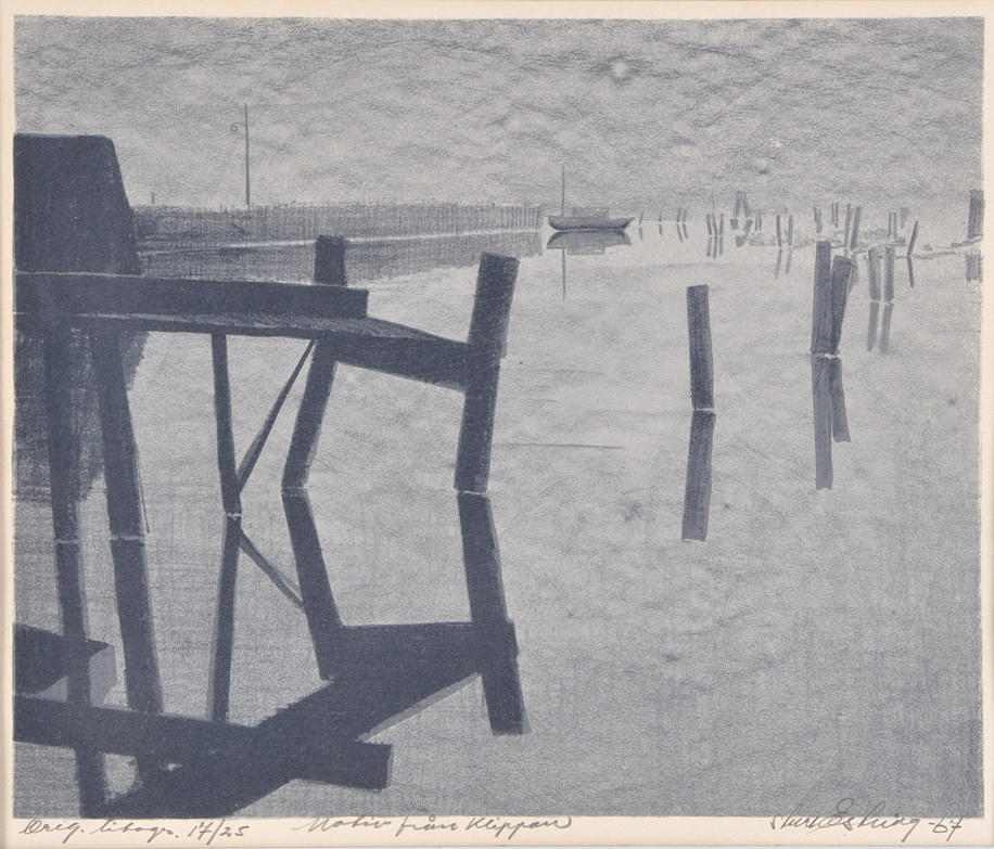 ”LITOGRAFI BRYGGA PÅ KVÄLLEN”. Handsignerad, daterad och inskriven.