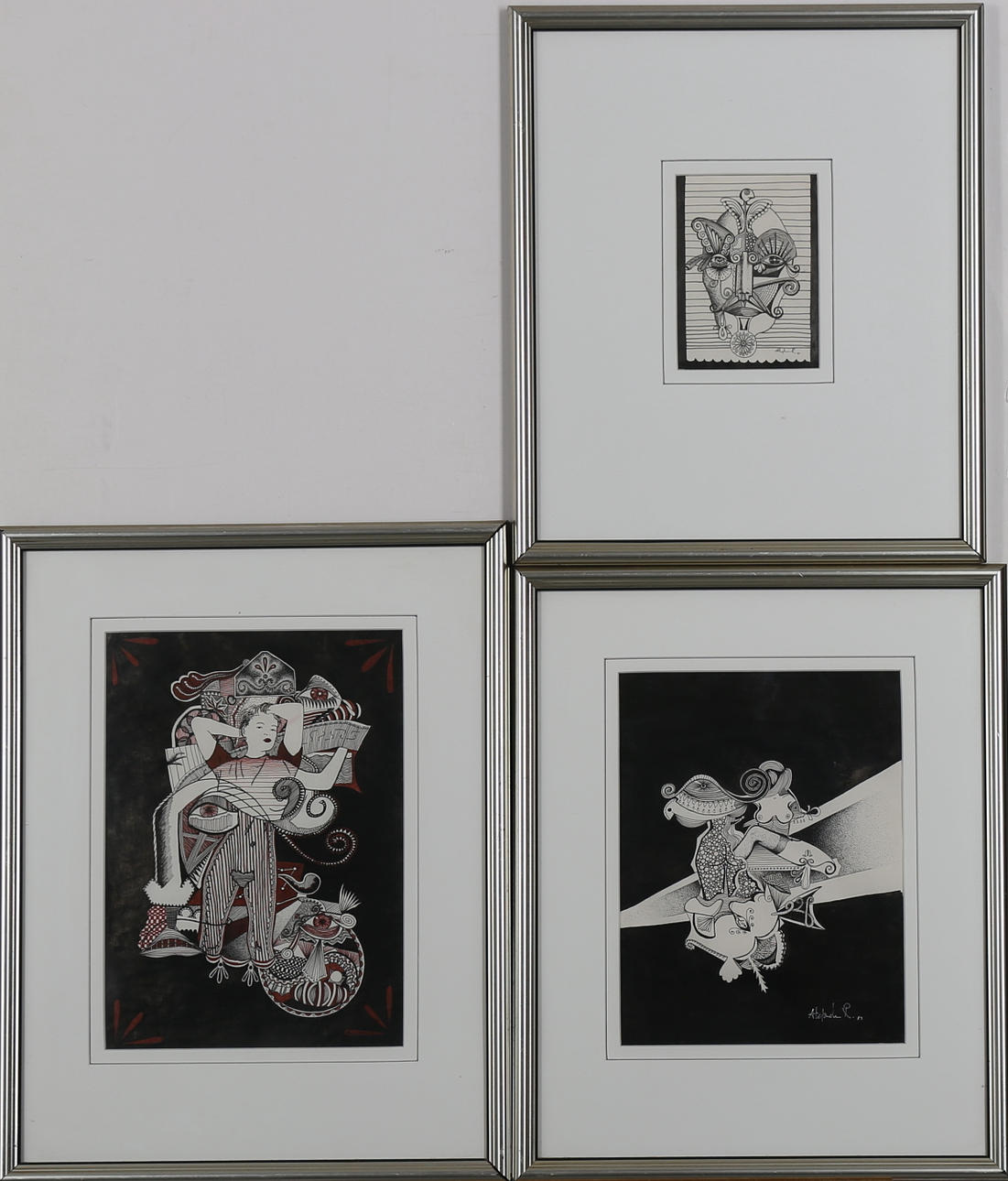 TUSCHTECKNINGAR, 3 st, signerade Alexander R -87.