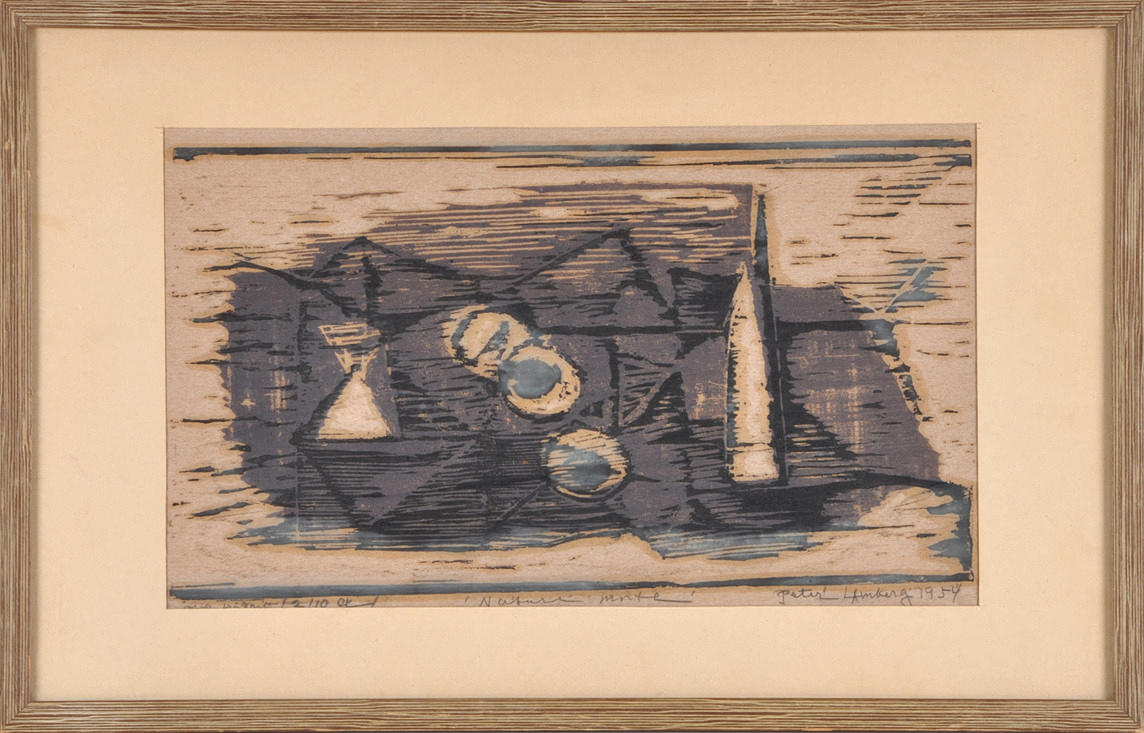 PETER LAMBERG. ”PAINTING ABSTRACT SET TABLE” Blandteknik på tygfiber, signerad, inskriven och daterad.