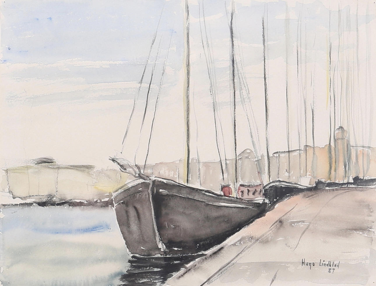 HUGO LINDBLAD. Watercolour, boat at quay, signed, dated.