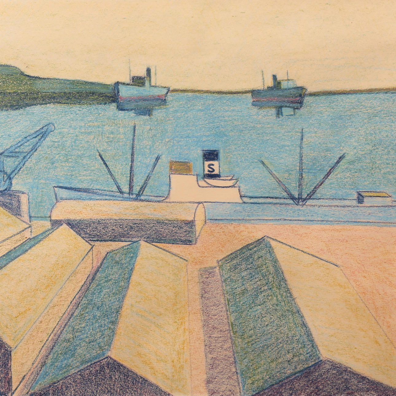 HELGE LINDEN. Pastell, hamnmotiv, signerad.