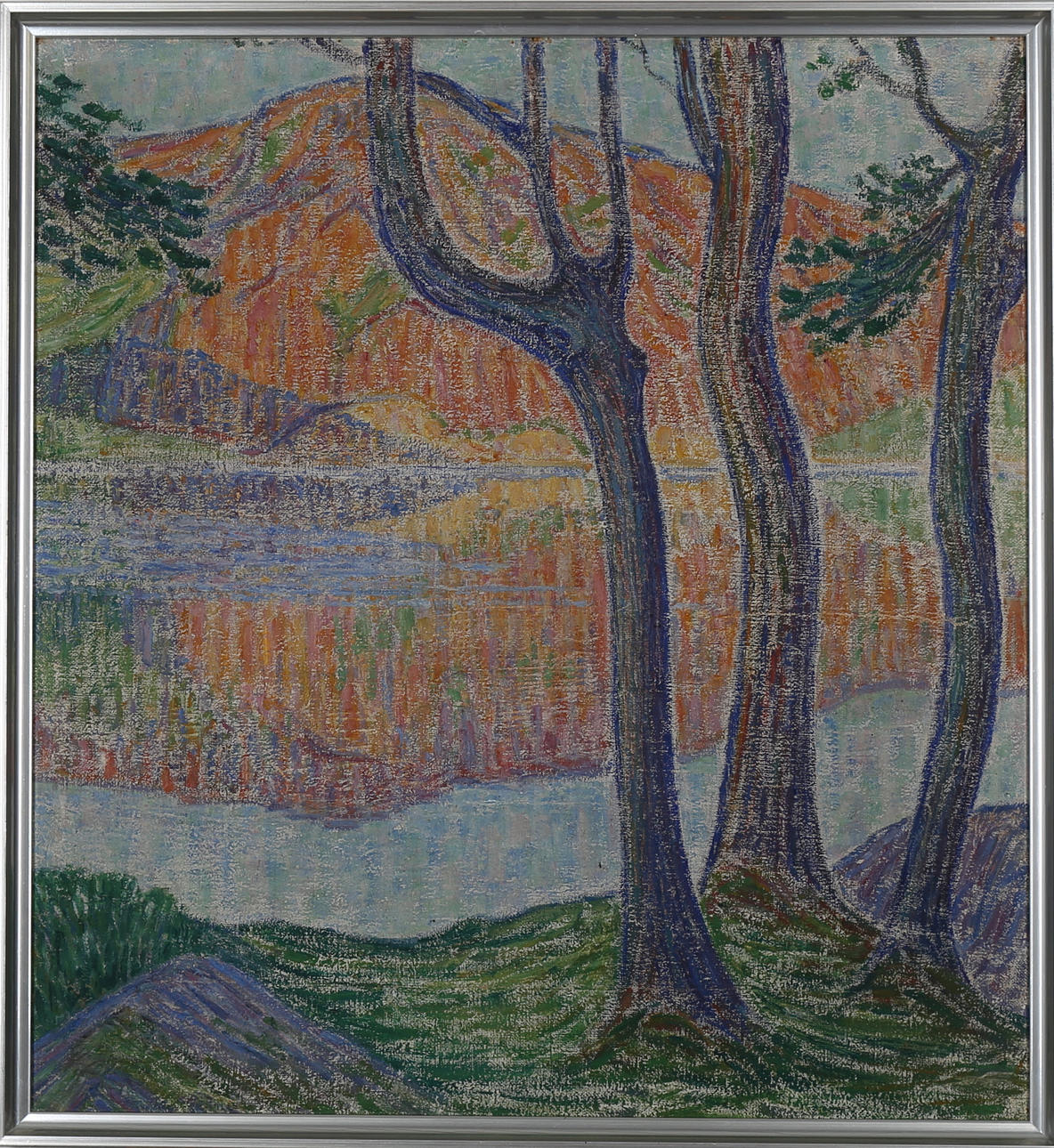 OIDENTIFIERAD KONSTNÄR. Landskap med trädstammar, olja på duk, otydlig signatur.