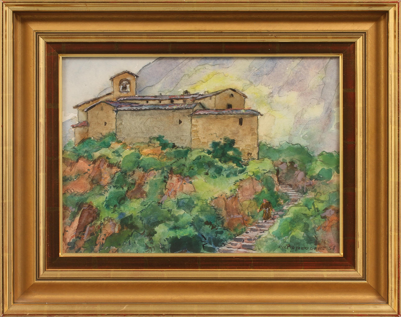 OLLE HJORTZBERG. "Klostret i bergen". Akvarell, signerad och daterad 59.