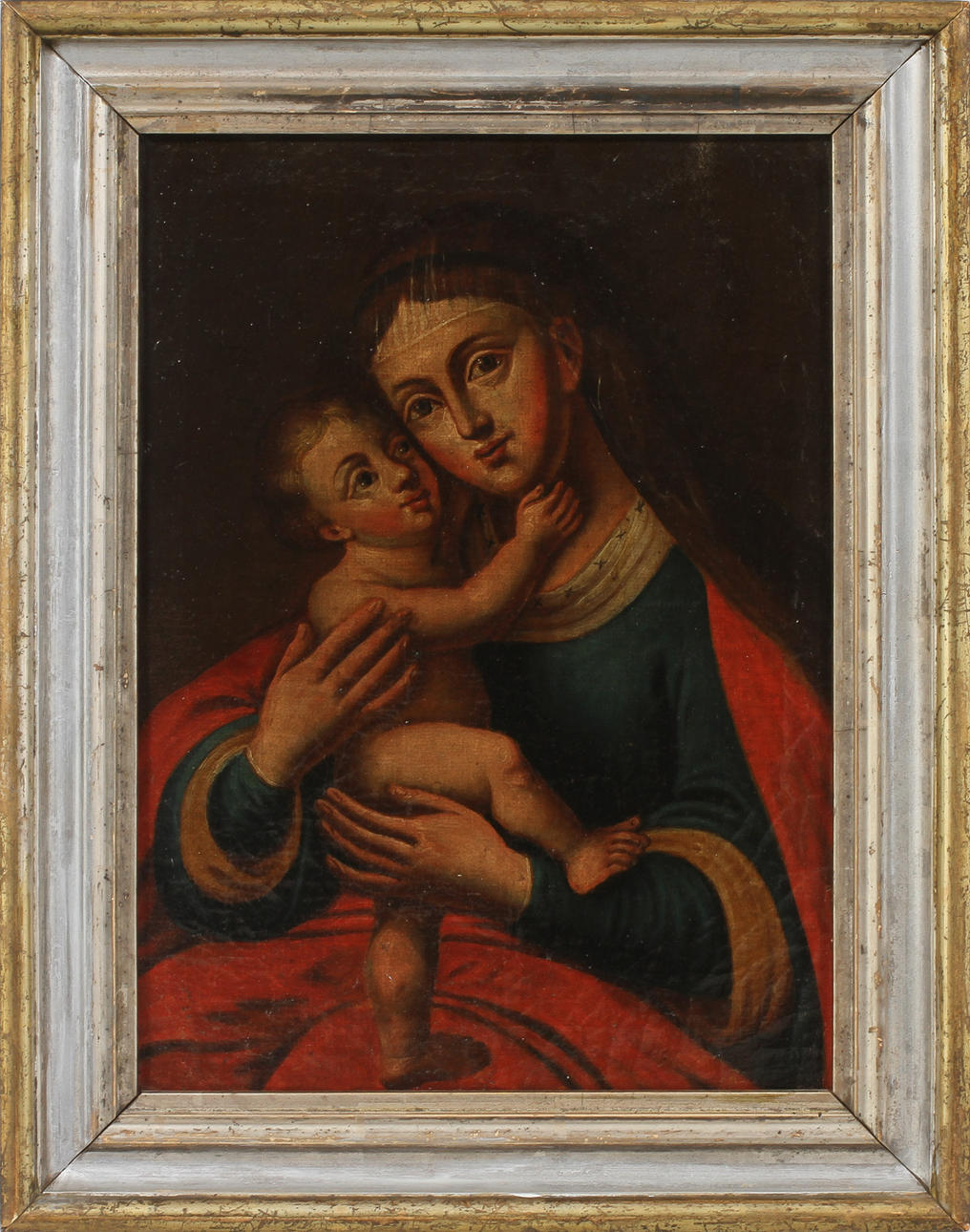 OIDENTIFIERAD KONSTNÄR. Maria och Jesusbarnet. Olja på duk 1800-tal.