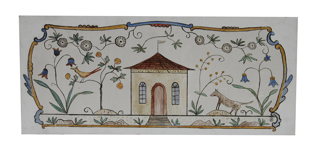 OLE KRUSE. Komposition med blommor, djur och lusthus. Väggdekoration, tempera på trä, signerad.