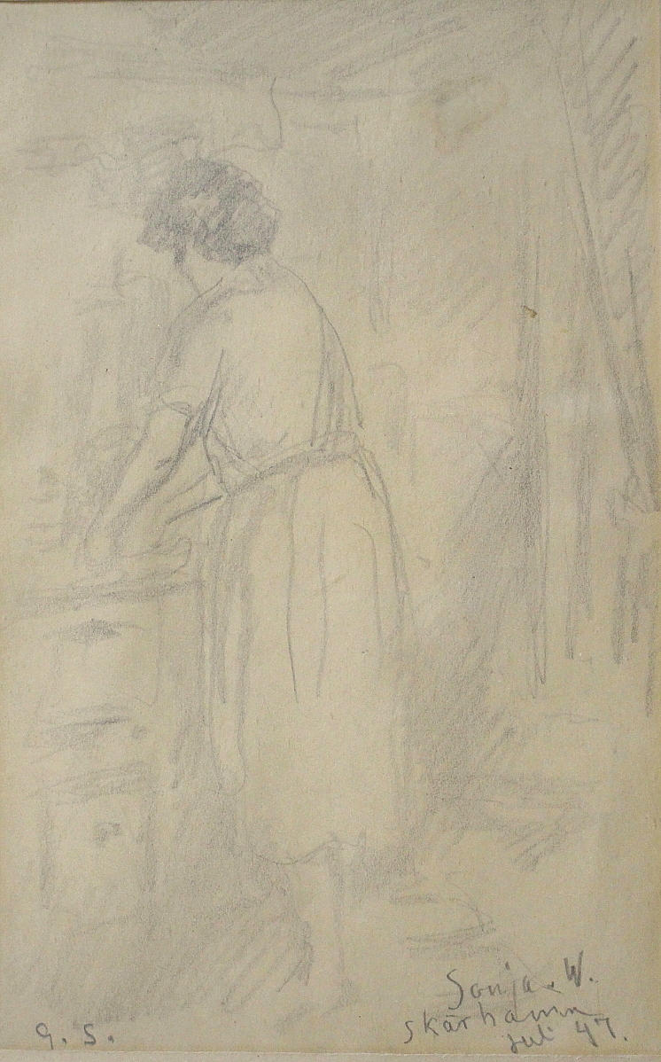 GEORG  STOOPENDAAL. Kvinna vid spis, Sonja W, Skärhamn daterad 47.