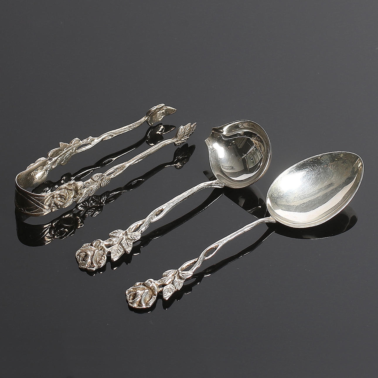 SOCKERTÅNG, SKED och SLEV, 3 delar, silver, modell "Rosen", GEWE, Silvervarufabriken, Vikt 55 gram.