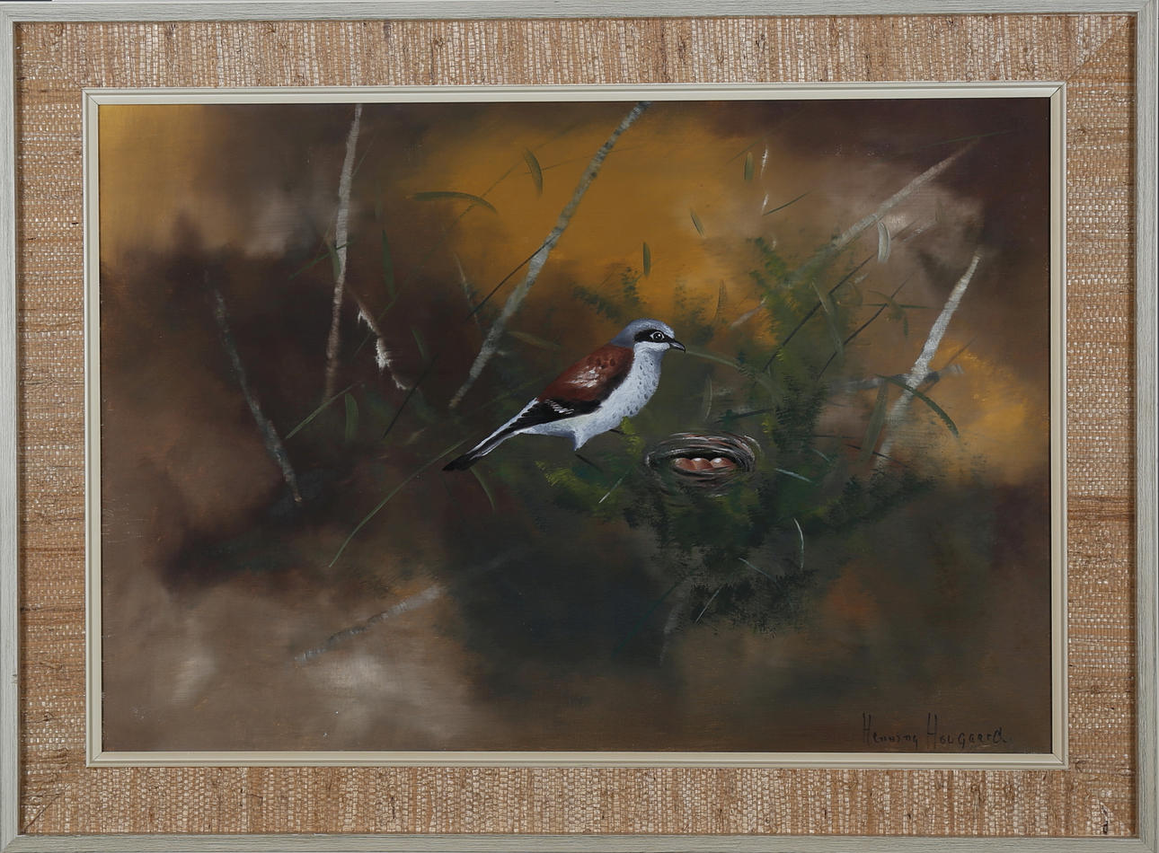 HENNING HOUGAARD. Fågel vid boet, olja på duk, signerad.