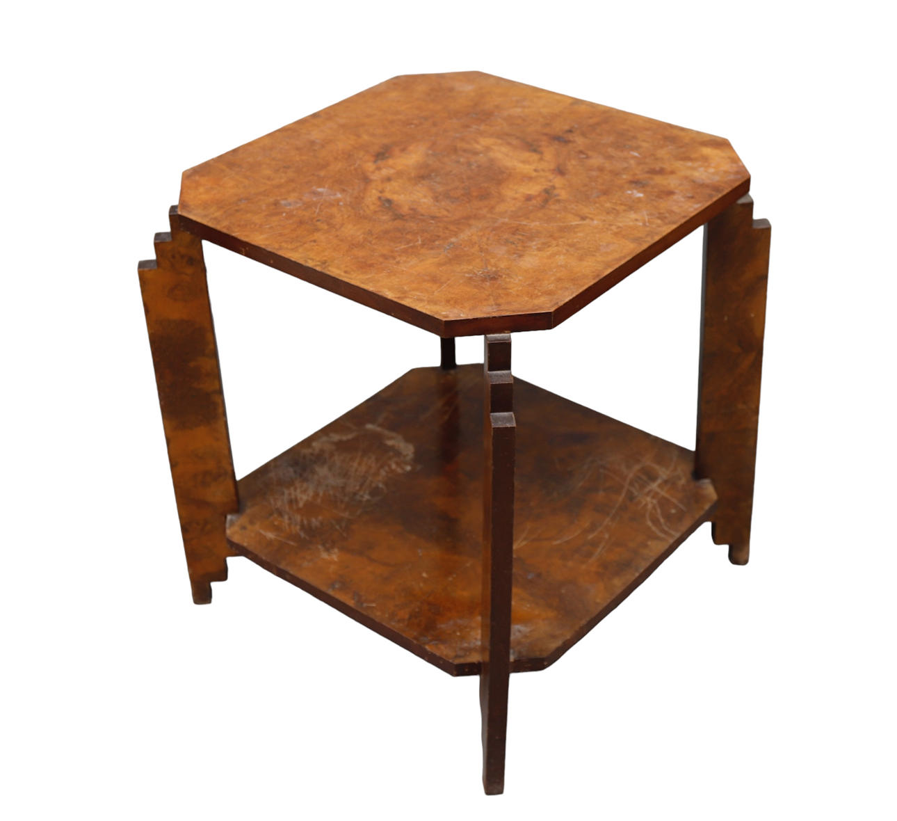 Art Deco side table in root walnut veneer, circa 1930.