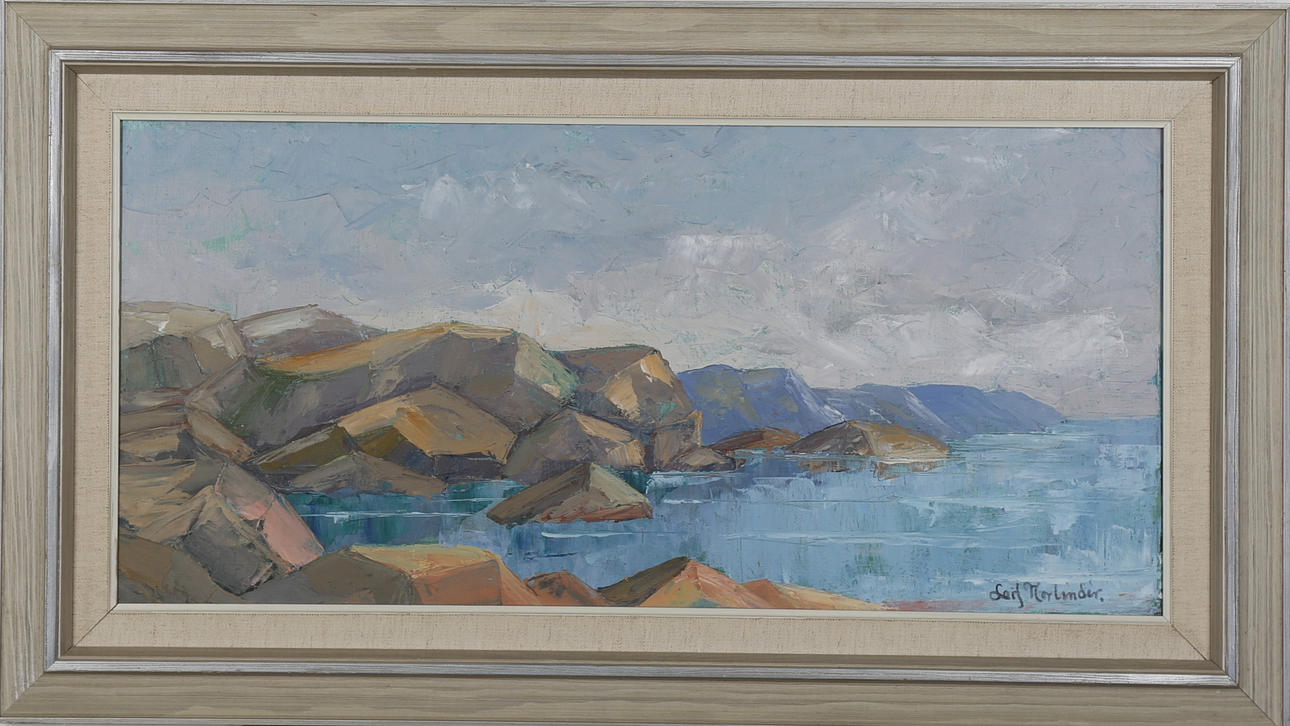 OIDENTIFIERAD KONSTNÄR. Kustklippor, olja på pannå, otydligt signerad Leif Horlinder?
