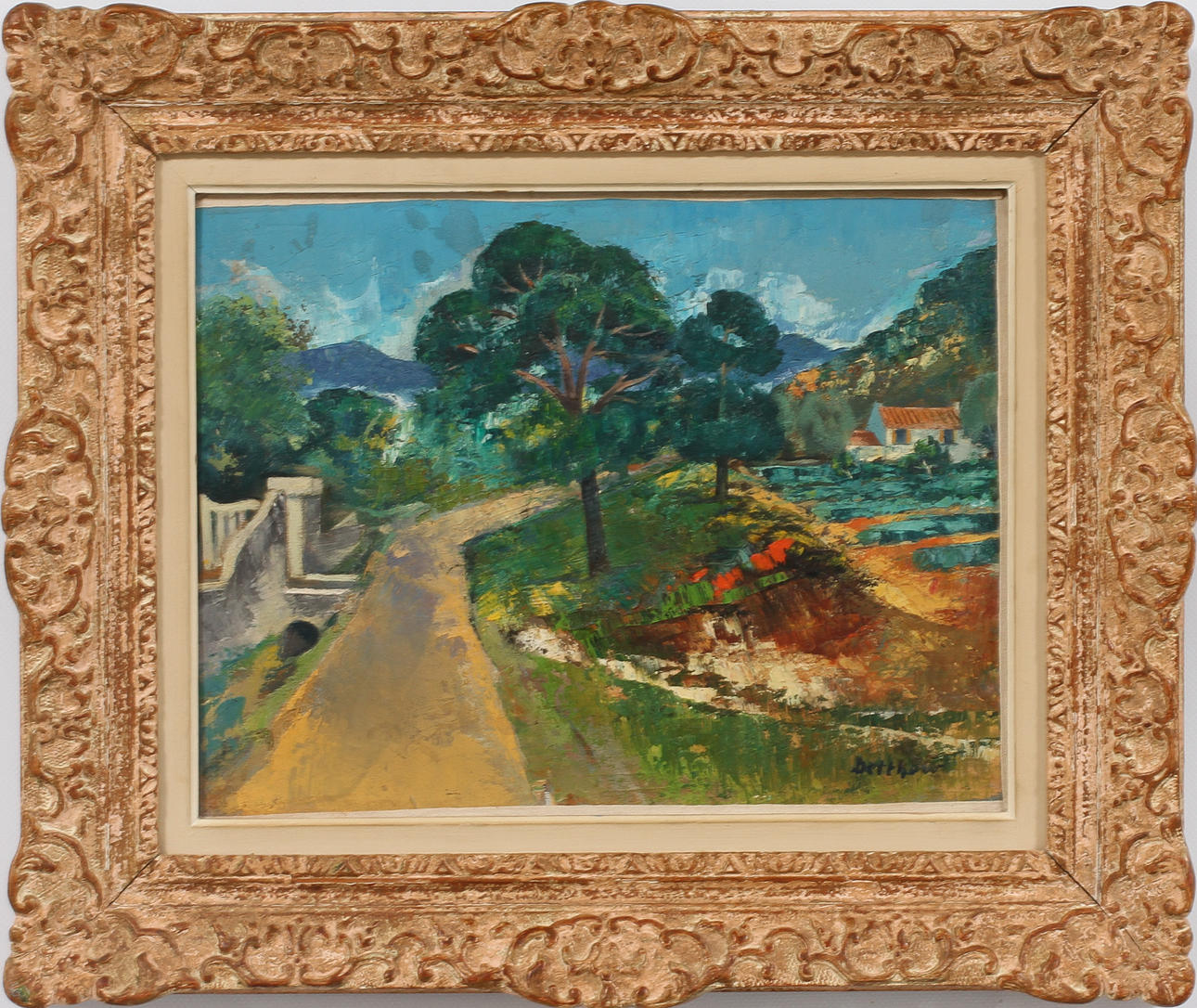 ERIK DETTHOW. Franskt landskap. Olja på pannå, signerad.