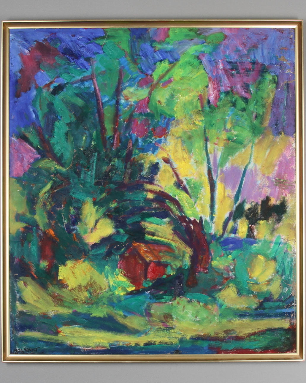 HOLMQUIST. Färgglatt landskap med hus. Olja på duk, signerad.