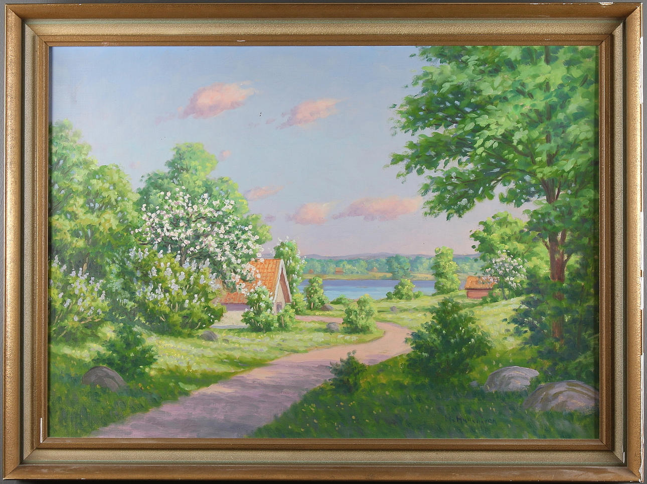 OIDENTIFIERAD KONSTNÄR. Sommarmotiv, olja på duk, otydligt signerad.