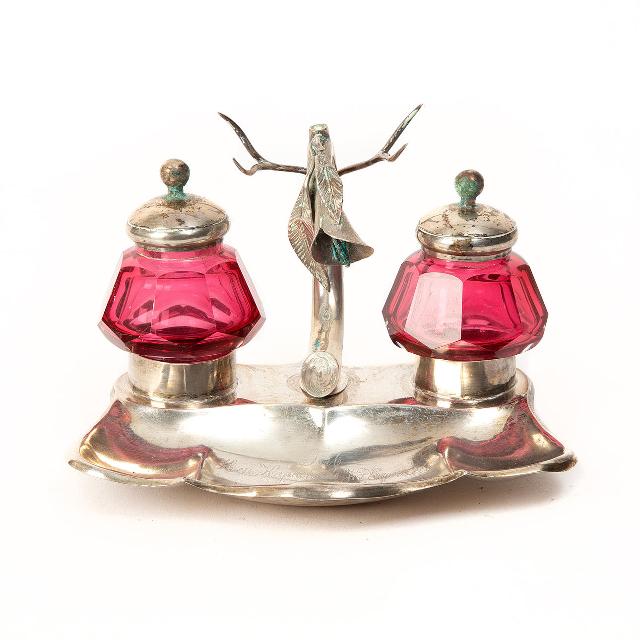 SKRIVSTÄLL, silver och glas. Märkt AAM, 1884.
