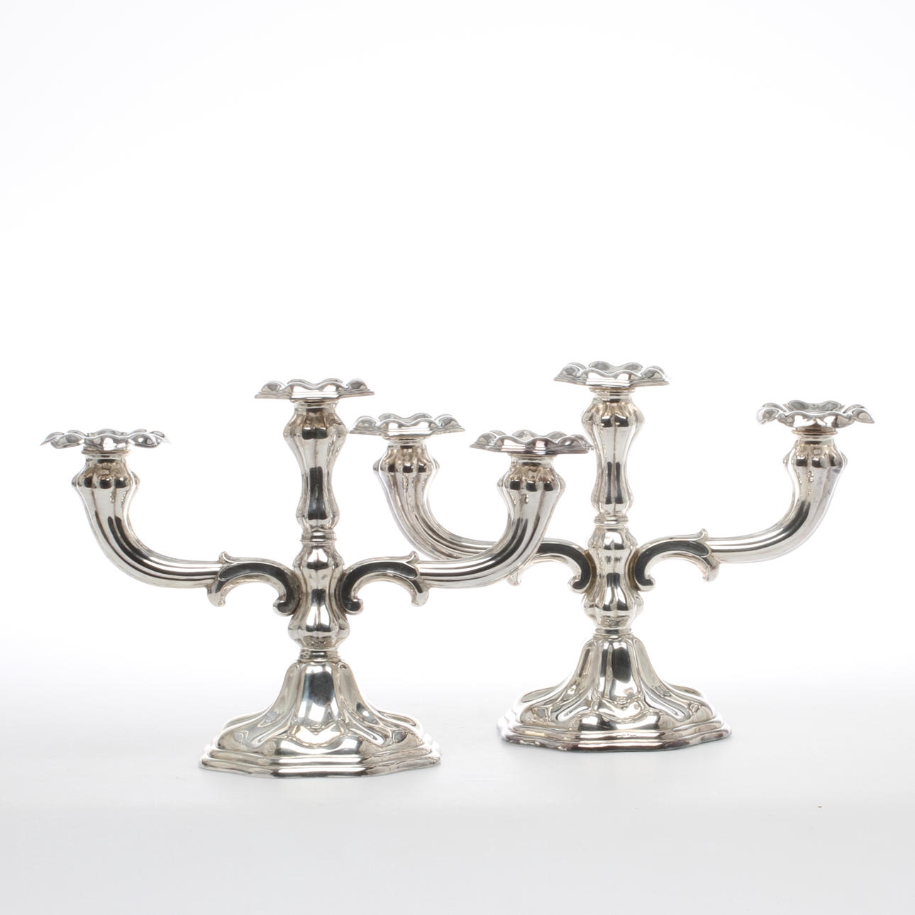 KANDELBRAR 1 par, silver, C G Hallberg Stockholm 1945 respektive 1951.