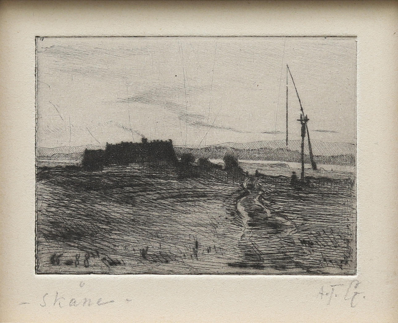 OIDENTIFIERAD KONSTNÄR. "Skåne", torrnål, signerad.