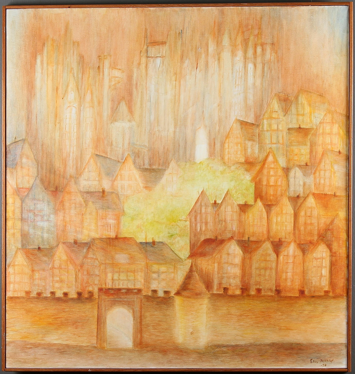 ELVY FRITHIOF. Vy bakom stadsmur, akryl på duk, signerad och daterad -78.