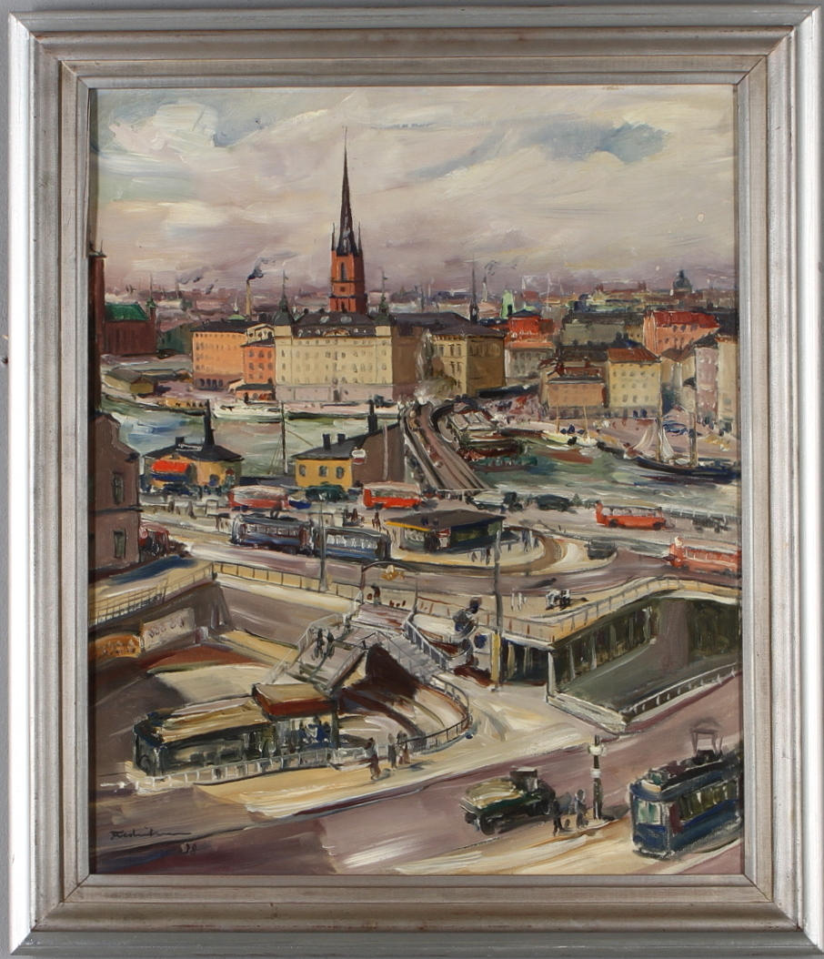 CARL EINAR "FIGGE" FREDRIKSSON. Vy mot Gamla Stan, olja på duk ,signerad och daterad -38.