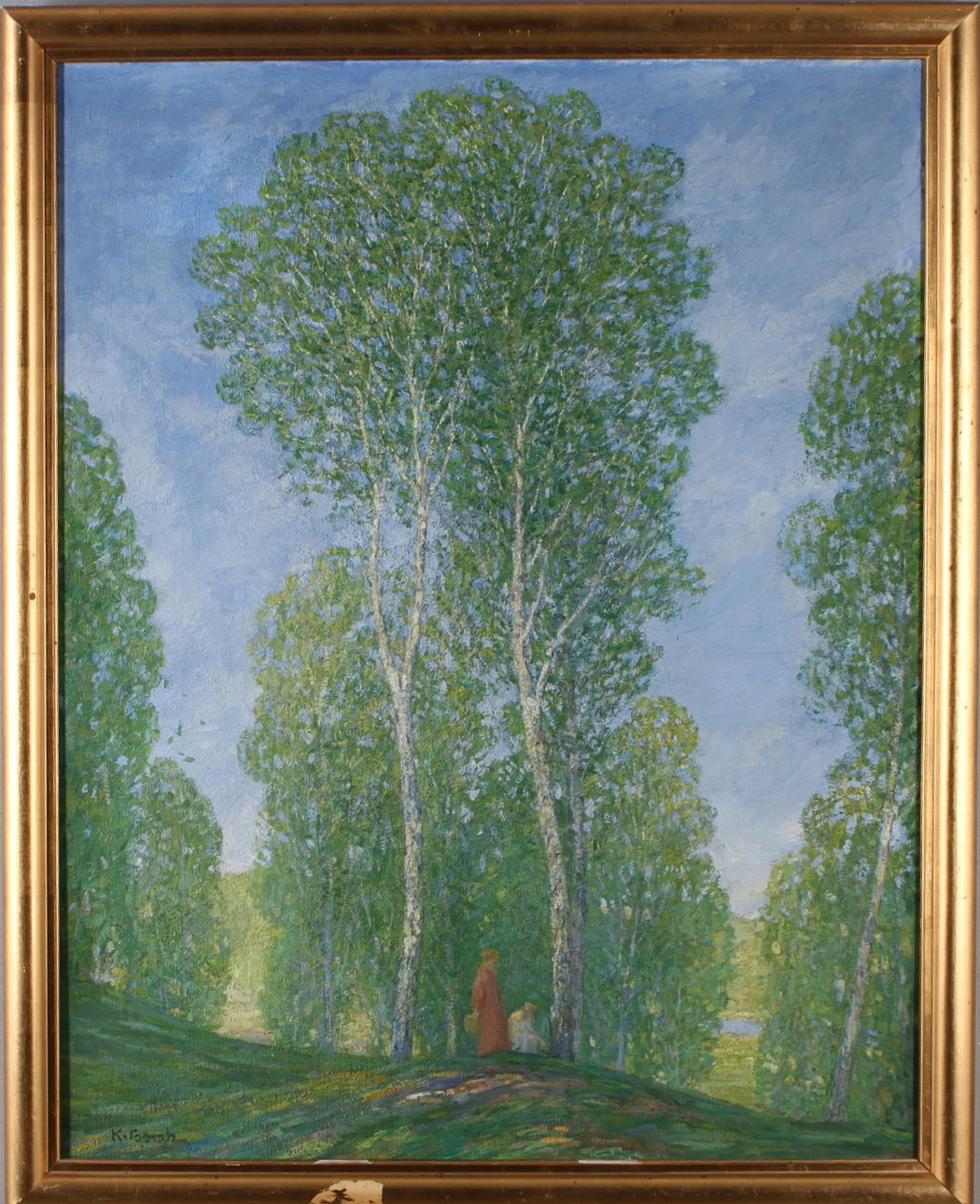 KNUT BORGH. Landskapsmotiv med barn, olja på duk, signerad.