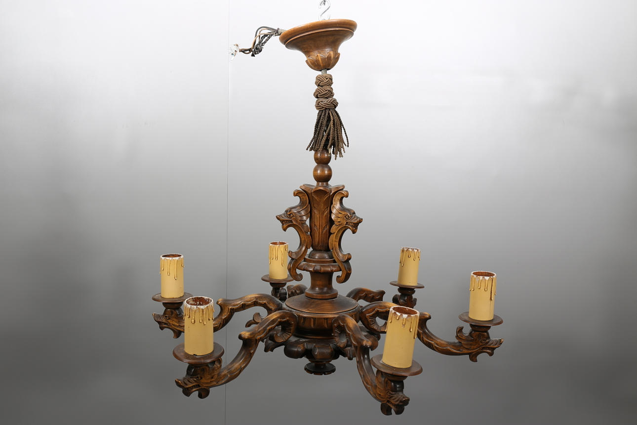 TAKLAMPA, trä, 6 armar, barockstil, 1900-tal.