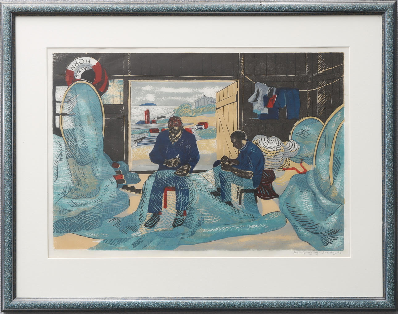 SVEN LJUNGBERG. I fiskarstugan. Färgträsnitt, provtryck, signerad.