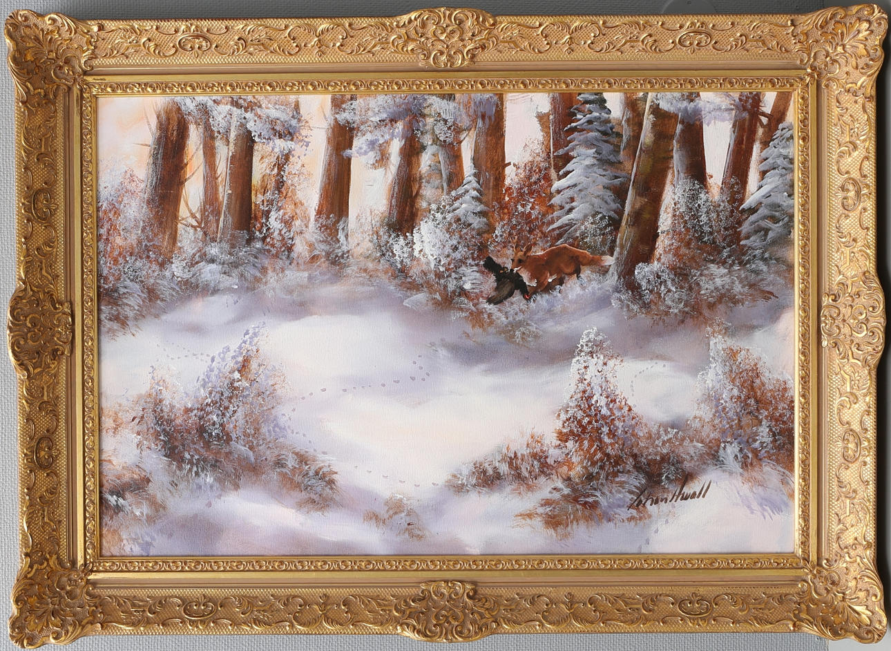 JOHAN ARVALL. Vinterlandskap med räv och tjäder. Olja på duk, signerad.