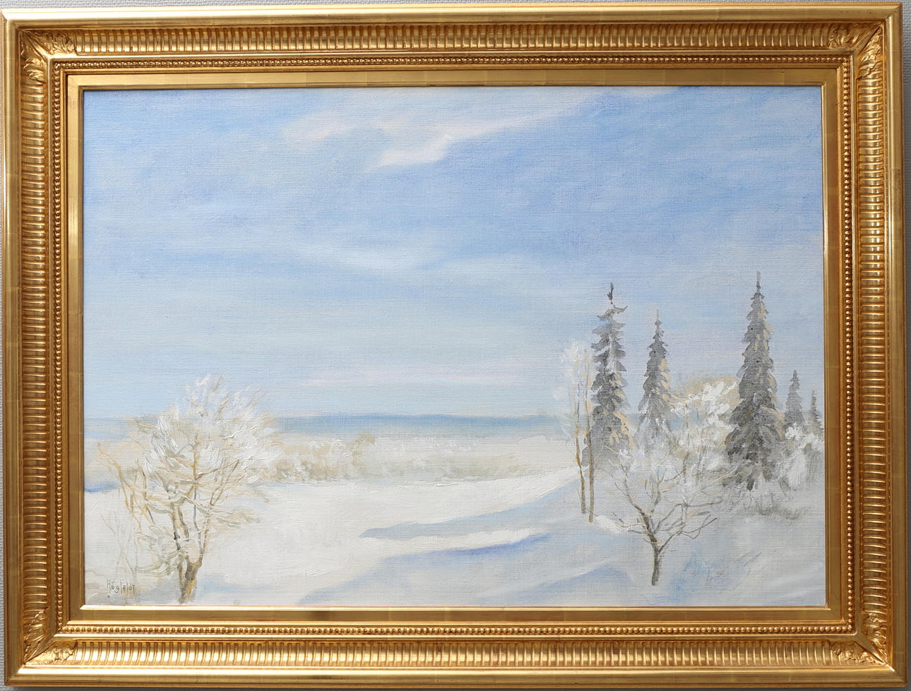 ROBERT HÖGFELDT. Vinterlandskap. Blandteknik på duk, signerad Högfeldt.