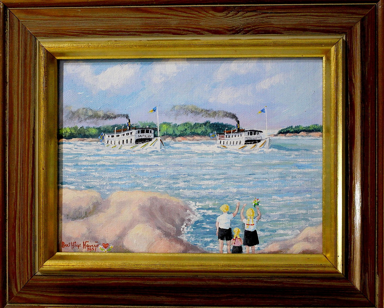 BERT-HÅGE HÄVERÖ. olja på duk, "först till stan ss/saltsjön och ss/prins Gustaf" signerad och daterad 1971.