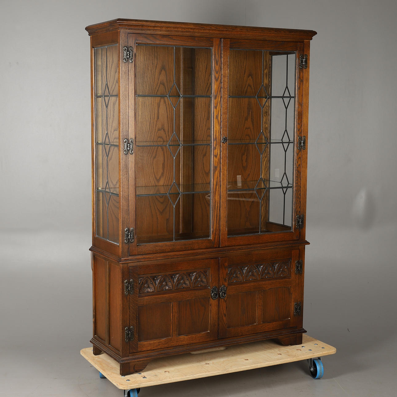 OLD CHARM. A CARVED OAK REPRODUCTION DISPLAY CABINET. Furniture ...