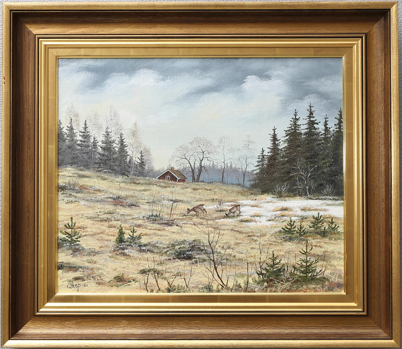 FINN ASP. Rådjur på vårbete. Olja på duk, signerad F Asp och daterad -81.