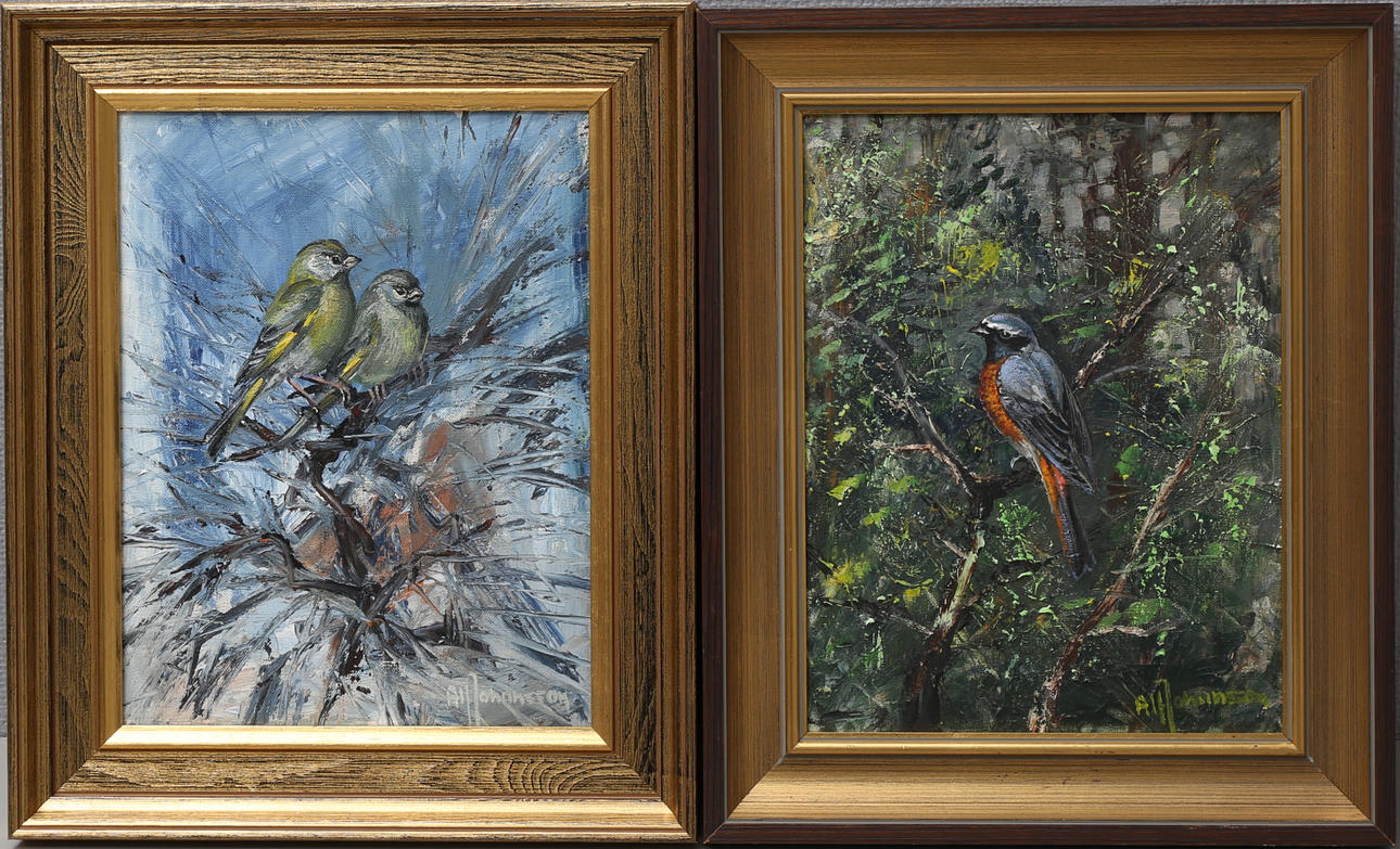 ALF JOHANSSON. Grönfinkar och rödstjärt. Olja på duk, 2 st, signerade.