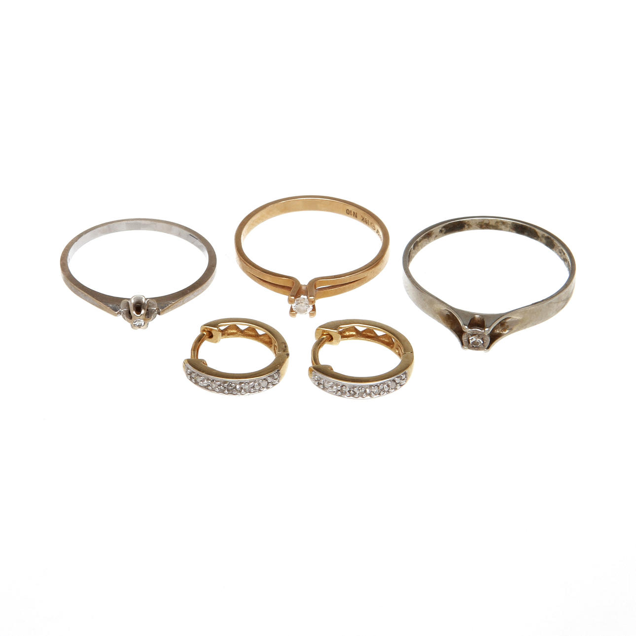 RINGAR och ÖRHÄNGEN, 5 delar, 18k guld med små diamanter, vikt 7,1 gram.